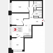 3-к. квартира, 73,3 м², 16/29 эт.